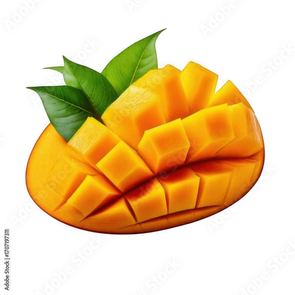 Fototapeta  sliced piece of mango with leaves isolated on white or transparent.