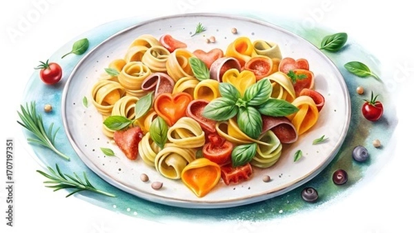 Fototapeta Heart Shaped Pasta Dish with Tomatoes and Basil image.