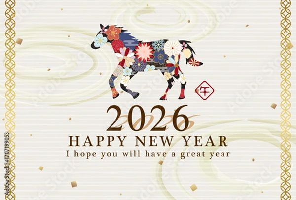 Obraz 2026年午年　和風花柄の馬の年賀状テンプレート