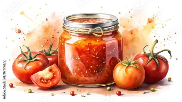 Fototapeta Jar of Tomato Salsa with Fresh Tomatoes and Herbs image.