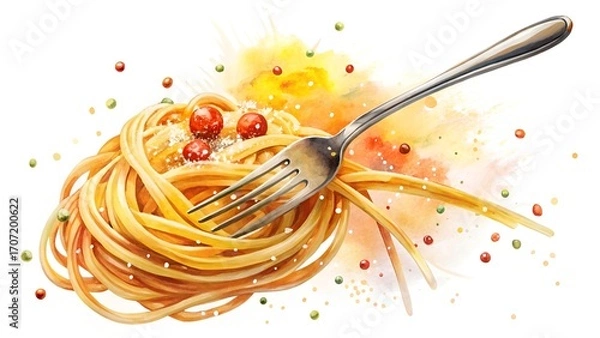 Fototapeta Spaghetti Nest with Fork and Colorful Peppercorns pasta.
