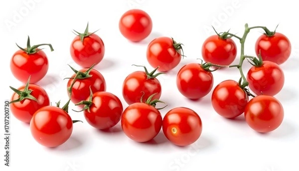 Obraz Fresh red cherry tomatoes scattered on white background