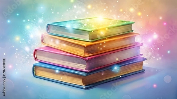 Fototapeta Stack of Colorful Books with Magical Glow and Sparkles.