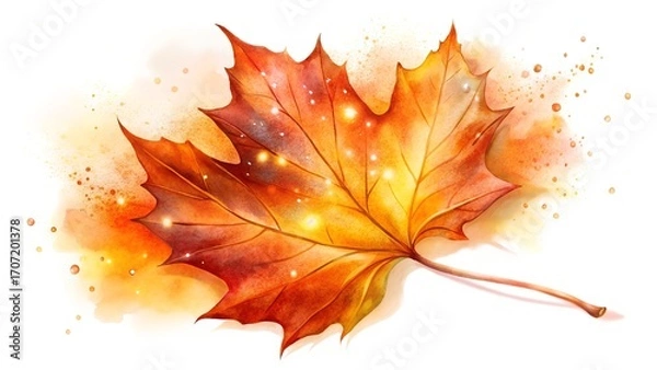 Fototapeta Watercolor painting of a vibrant autumn maple leaf with sparkling light effects.