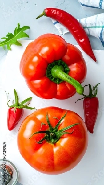 Obraz Fresh red peppers and tomatoes on a white surface