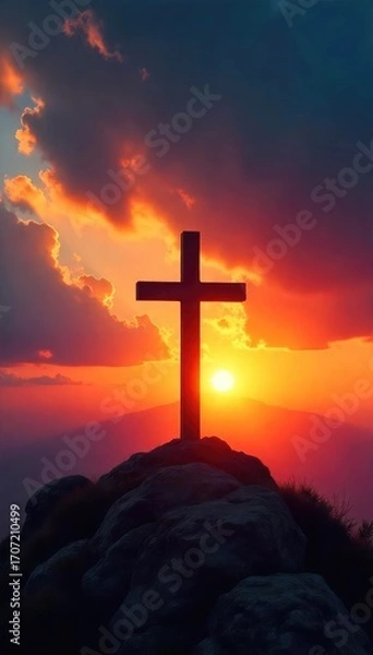 Fototapeta Symbolic depiction of Christian salvation; a cross silhouetted against a vibrant sunrise, suggesting hope, redemption, and new beginnings , heaven, bible, immortal
