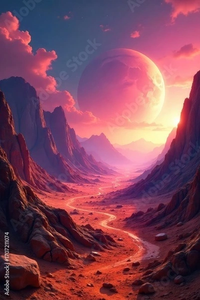 Fototapeta Vast, desolate landscape of an alien planet  Crumbling rock formations stretch to a hazy horizon under a vibrant, alien sky  A sense of epic scale and otherworldly beauty  ,  atmosphere,  horizon