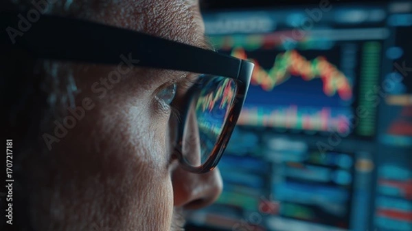 Fototapeta Intense gaze of a person wearing glasses, with a volatile stock market graph and data reflected in the lenses. It powerfully symbolizes the high-stakes world of finance, trading, and data analysis.