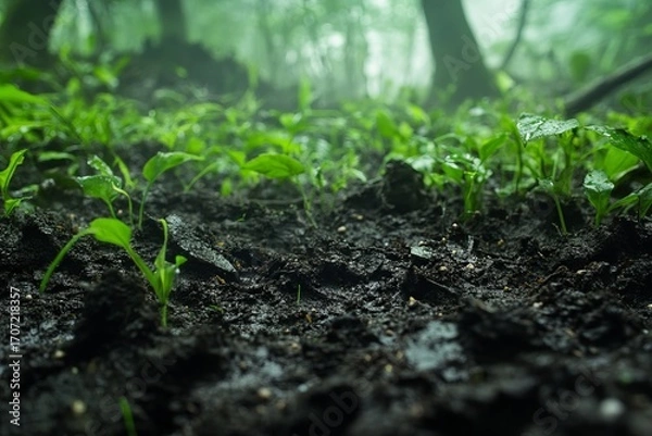 Fototapeta Close-up of new growth emerging from dark, damp soil in a misty forest