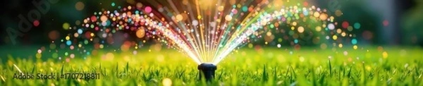 Fototapeta Vibrant rainbow water arc from a rotating sprinkler, showering a lush green lawn with colorful droplets  Perfect for summer, garden, and playful themes ,  playful,  sunlight