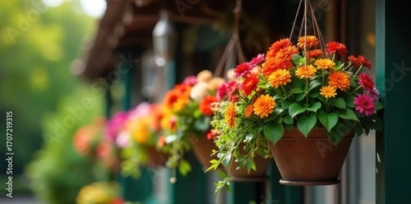 Fototapeta Vibrant, overflowing hanging baskets bursting with colorful flowers and lush greenery, adding a touch of natural beauty to any outdoor space , colorful flowers, home decor, garden