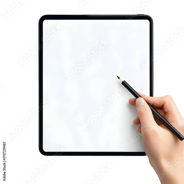 Obraz Hand Drawing on Blank White Tablet Screen with Pencil