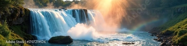 Fototapeta Vibrant rainbow cascades over moss-covered rocks, creating a breathtaking spectacle of nature's artistry The sun illuminates the mist, enhancing the vibrant hues of the falls , cascade, paradise