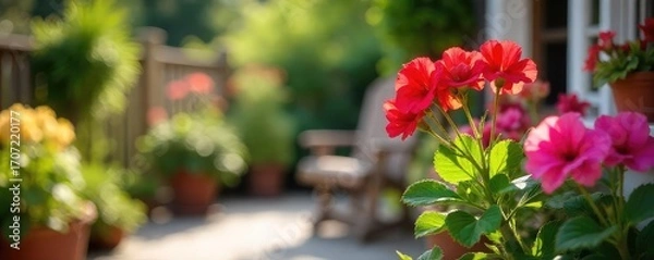 Fototapeta Vibrant potted geraniums add a splash of color to a sun-drenched patio, creating a welcoming and cheerful outdoor space  Perfect for summer vibes and garden decor , bloom, pot, sunny