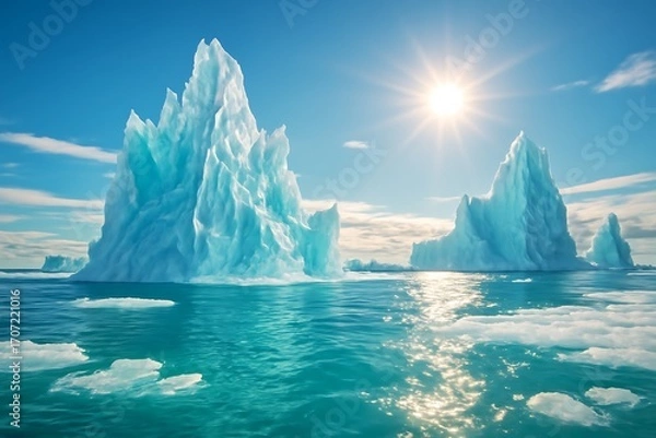Fototapeta Towering icebergs rise above deep waters, shining under bright Arctic sun.