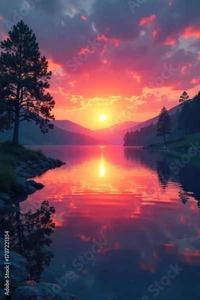 Fototapeta Vibrant sunrise over a tranquil lake, reflecting the calm and serenity of wellbeing Perfect for wellness, mindfulness, and mental health themes , lake, inspirational, peace