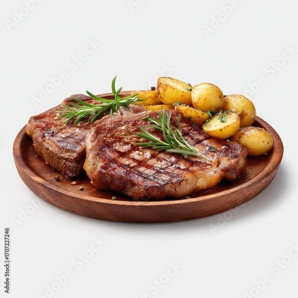 Fototapeta Grilled steak with roasted potatoes.  Two grilled steak slices rest on a wooden plate alongside a generous portion of roasted baby potatoes. Fresh rosemary sprigs garnish the steaks