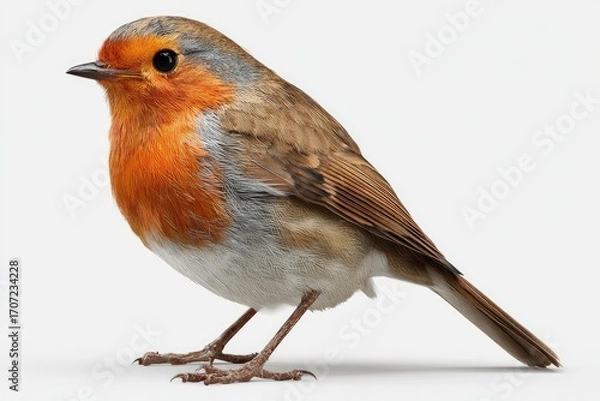 Fototapeta European Robin in profile view, displaying vibrant orange breast against a plain white background
