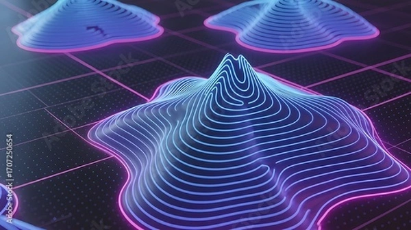 Fototapeta Futuristic 3D topographic map displays neon swirling contours, holographic mountain ranges, blending geology survey precision with vibrant abstract visualization aesthetics.