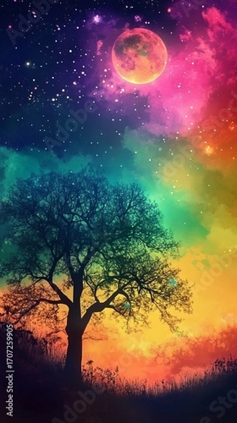 Fototapeta A solitary tree silhouetted against a vibrant, colorful, starry night sky with a large, reddish moon