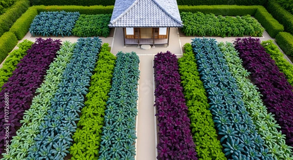Fototapeta Aerial View of Japanese Garden with Traditional House and Rectangular Beds of Colorful Plants