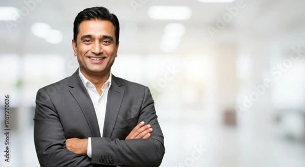 Obraz Man in a suit smiling with arms crossed in an office
