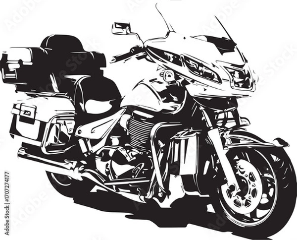 Fototapeta Chrome Motorcycle Silhouette: A sleek, modern motorcycle silhouette dominates the frame, rendered in striking monochrome. It exudes power, adventure, and the open road.