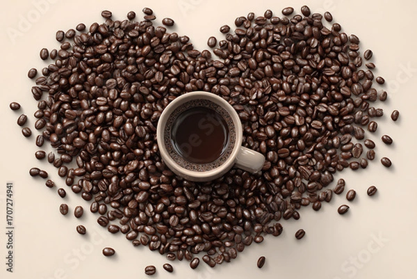 Obraz Love coffee beans in a heart shape with a cup of dark roast coffee for your morning, perfect for coffee shops, gifts, or a romantic cup of joe