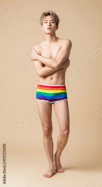 Fototapeta A confident young man posing in rainbow shorts against a neutral background. The image highlights fashion, youthful style, and body confidence.