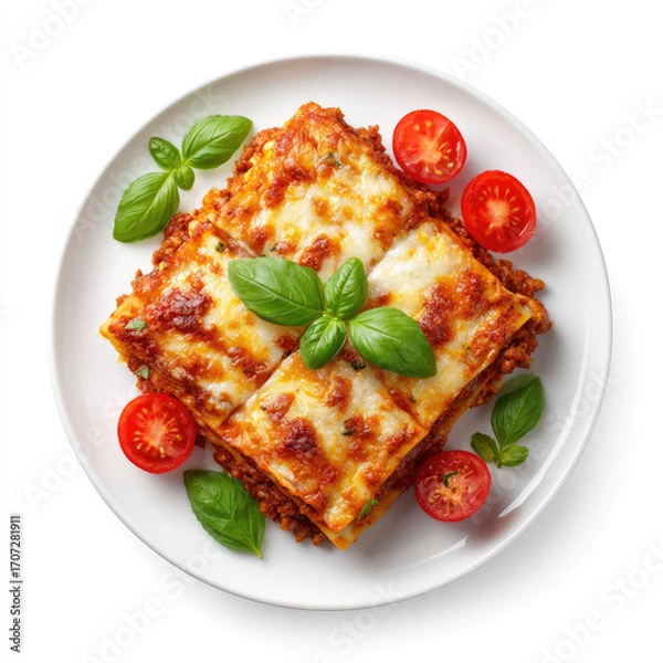 Fototapeta Lasagna dish, topped with melted cheese, served on a plate with fresh basil and cherry tomatoes