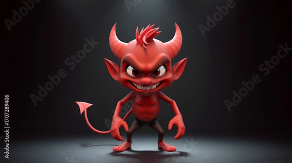 Fototapeta Playful 3D Render of a Red Devil Character with Mischievous Grin on Dark Stage