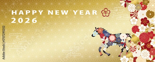 Obraz 2026年午年　和風花柄の馬の新年のバナー素材