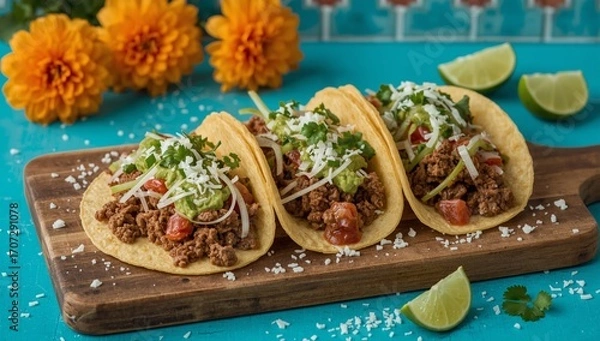 Obraz Rustic Plate of Tacos with Garnish
