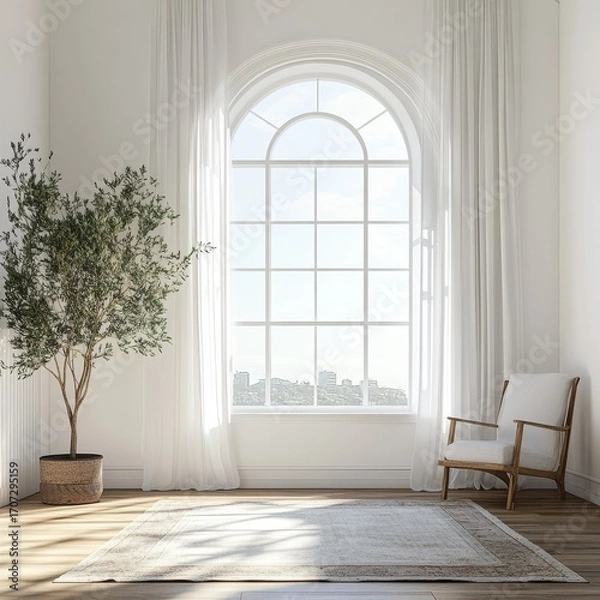 Fototapeta Bright room with white walls and a large window.
