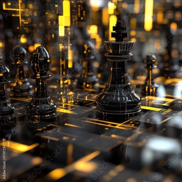 Fototapeta Business plan idea with a futuristic look. It's a strategy game like chess, using black and gold.
