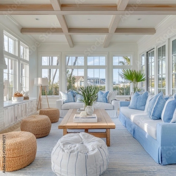 Fototapeta Coastal home design is a style that brings a fresh, relaxed beach vibe indoors.
