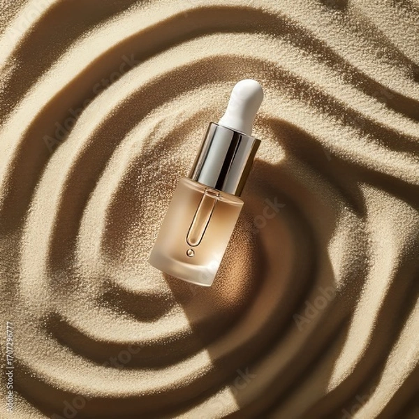 Fototapeta Collagen serum in a dropper bottle sits on sand. This anti-aging beauty product helps skin. It's a summer skincare idea, like a Zen garden with circles in the sand. Top-down view, in beige tones.
