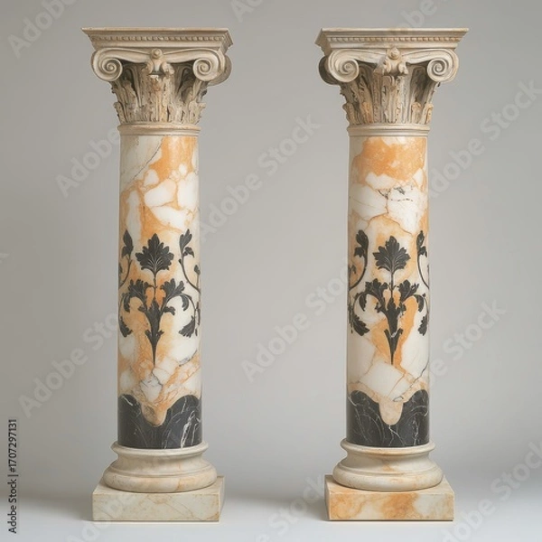 Fototapeta Columns with fancy marble designs, like those from ancient Greece.
