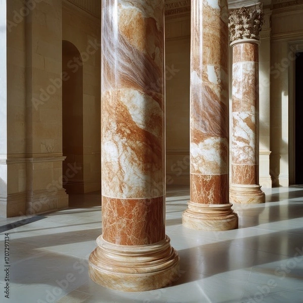 Fototapeta Columns with fancy marble designs, like those from ancient Greece.
