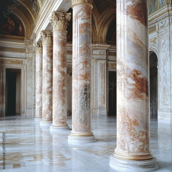 Fototapeta Columns with fancy marble designs, like those from ancient Greece.
