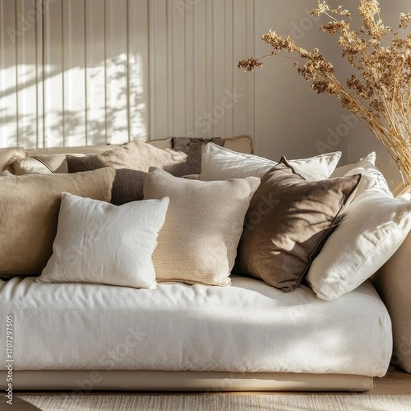 Fototapeta Cozy living room with a sofa and pillows. Neutral colors create a calm and inviting home. Great image for decorating or furniture ads.
