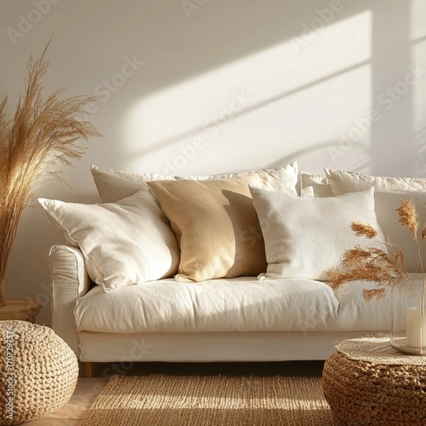 Fototapeta Cozy living room with a sofa and pillows. Neutral colors create a calm and inviting home. Great image for decorating or furniture ads.
