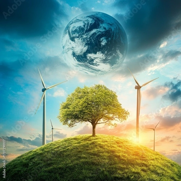 Fototapeta Eco-friendly energy ideas. People support wind power to help the planet. Reduce pollution and create clean energy for a healthy Earth.
