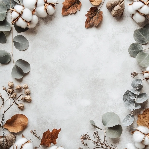 Fototapeta Fall scene: A frame of eucalyptus, cotton, and dried leaves on a light gray background. It's an autumn or fall theme. Simple top-down view with blank space for text.
