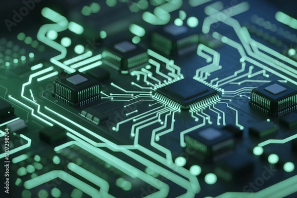 Fototapeta AI-Generated Glowing Circuit Board Close-Up