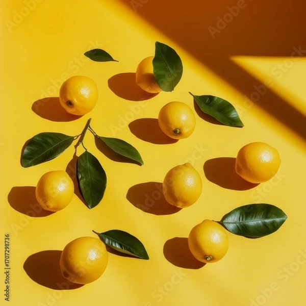Fototapeta Fresh lemons with leaves on a yellow surface. Simple summer idea for vitamin C.
