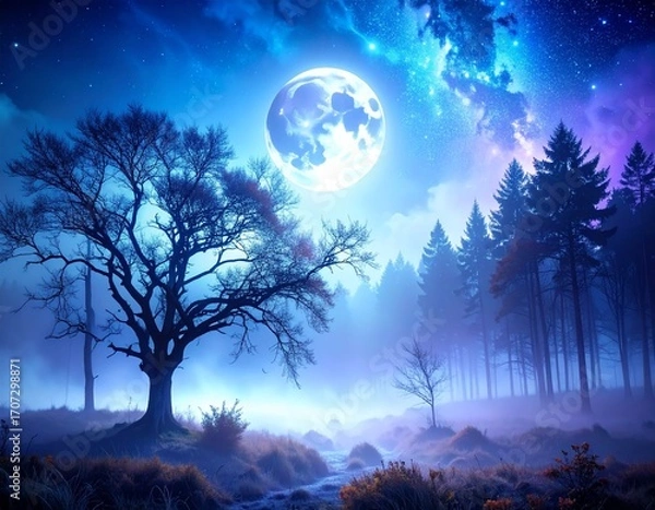Fototapeta Spooky Misty Forest Background with Full Moon Glow