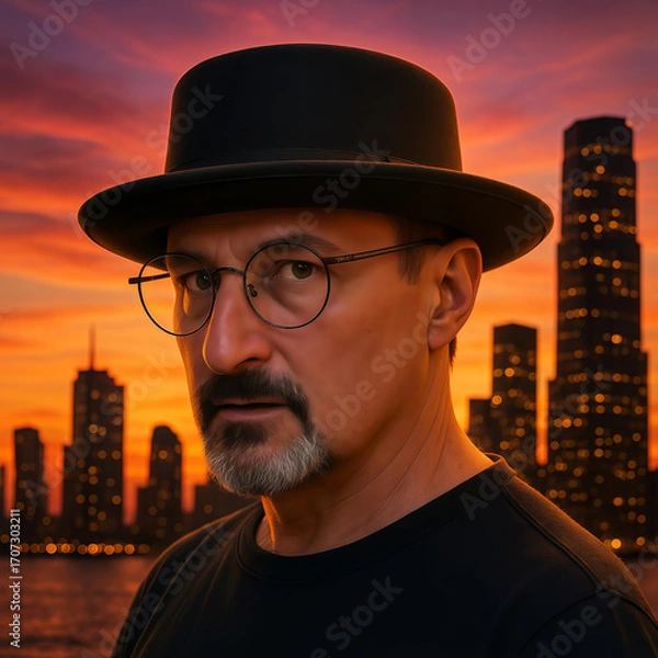 Fototapeta A man stands against the backdrop of a city during sunset.