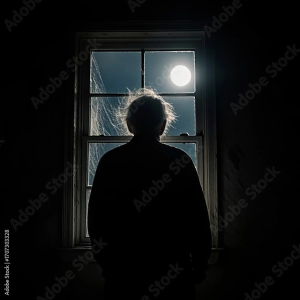Fototapeta An elderly man sits near the window of an old house all alone.