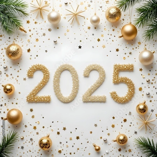 Fototapeta Flat lay of festive new year decorations with golden numbers 2025, sparkling ornaments and confetti on white background, celebration theme